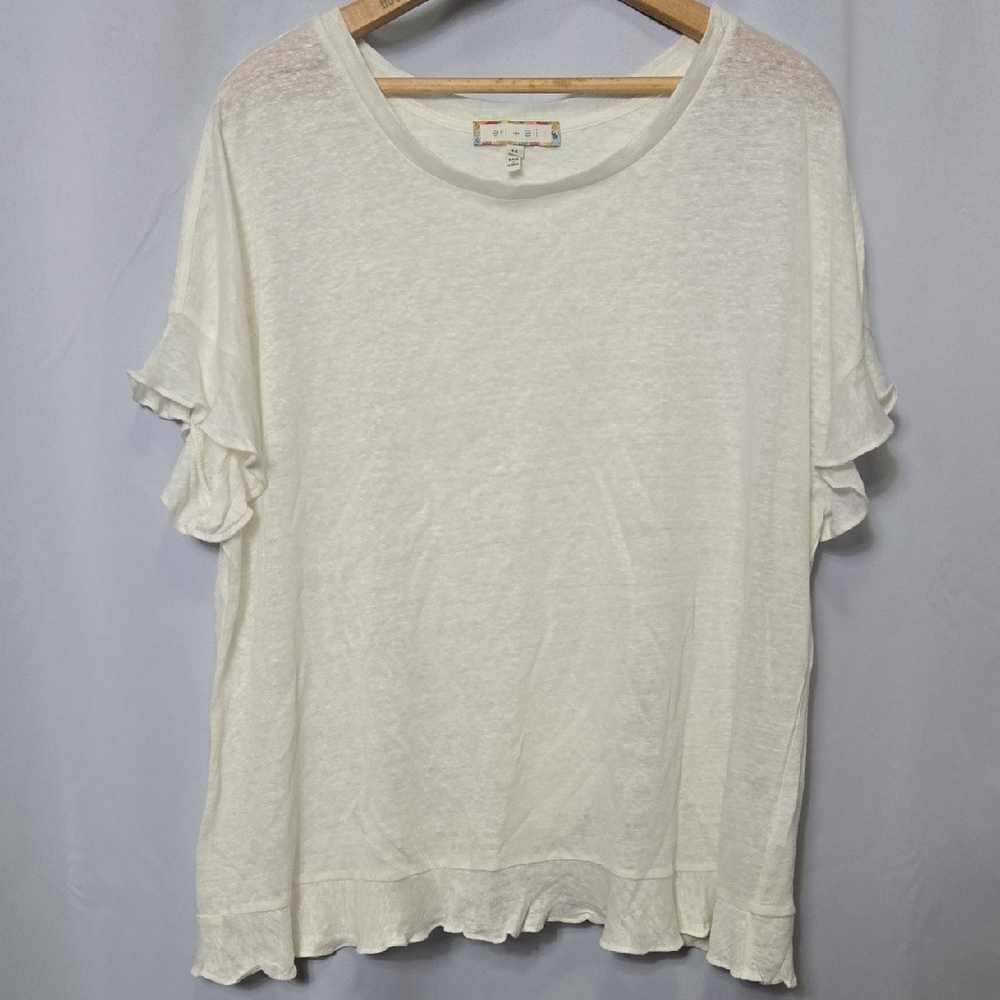 Eri + Ali White Ivory Linen Ruffle Sleeve Blouse